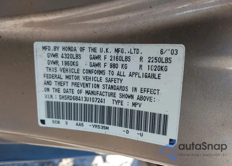 2003 Honda Cr-V Lx from USA, damaged, VIN SHSRD68413U107241